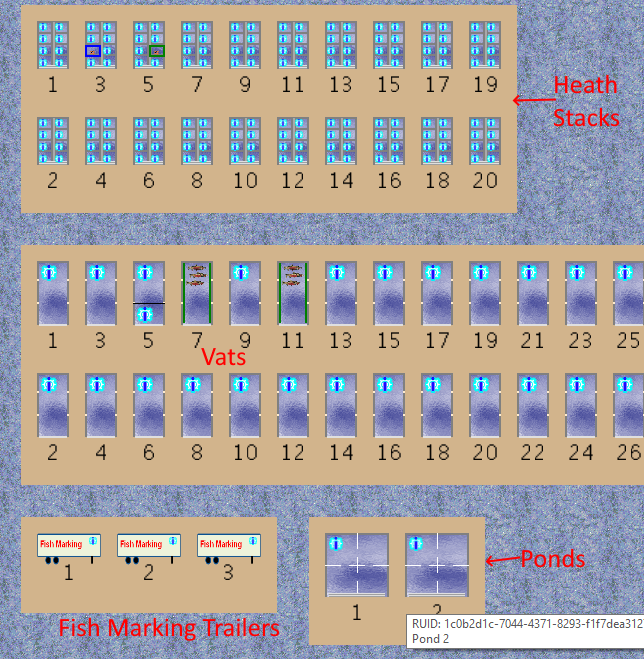 A detail image showing the layout of rearing units in the Hatchery Information System with annotations about the different items visible.